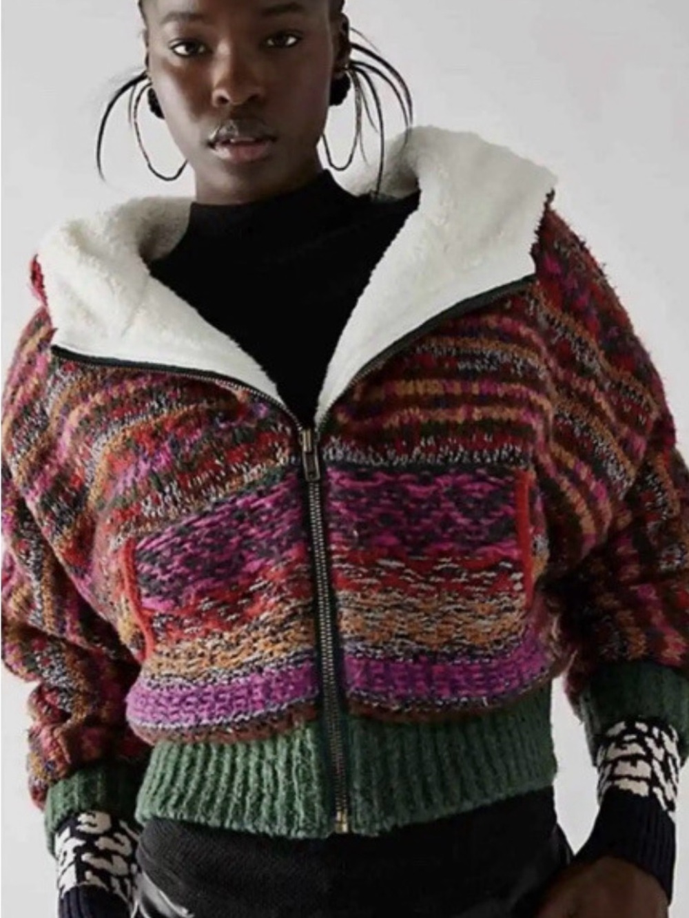 Multicolor Knit Zip-Up Jacket with Sherpa Collar